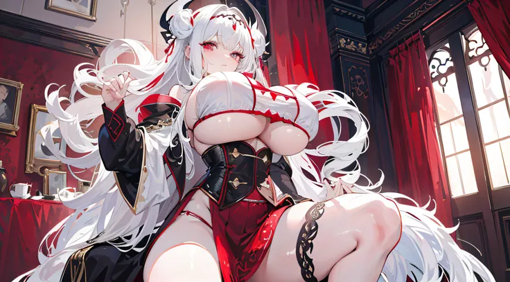 1girll，In the daytime，White dragon horn，Light，divino，Gorgeous lace lingerie，huge tit，blacksilk，Reveals lace panties，Lift the skirt，Fine details，Color gas，Big background，Long white hair，red color eyes，Chest exposed，Gorgeous white palace castle interior back...