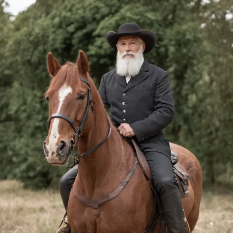 A man with a white beard, mounted on a horse,  full body portrait shot, ,  height is 180 cm, , wearing boots, marketing photo。