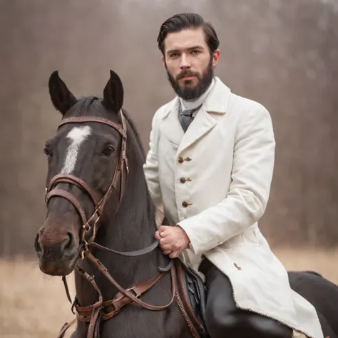 A man with a white beard,Wearing a white coat，mounted on a horse, full body portrait shot, , height is 180 cm, , wearing boots, marketing photo。