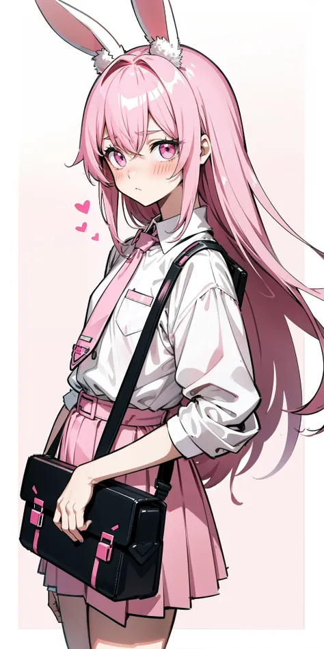 Anime girl with pink hair and bunny ears in pink tie, pink eyes, shy blush, pretty, small satchel, cyberpunk