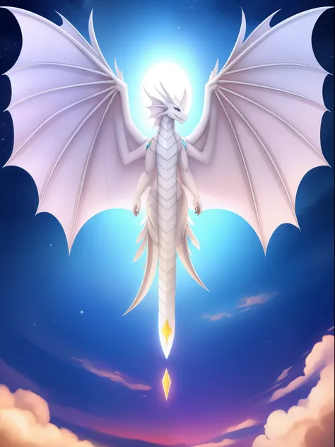 Anthro dragoness with vibrant wings soaring gracefully in the sky, exhibiting a majestic and powerful presence, white body, black sciera