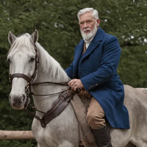 A man with a white beard,Wearing a blue coat，mounted on a horse, full body portrait shot, , height is 180 cm, , wearing boots, marketing photo。