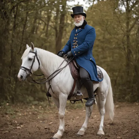 A man with a white beard,Wearing a blue coat，mounted on a horse, full body portrait shot, , height is 180 cm, , wearing boots, marketing photo。