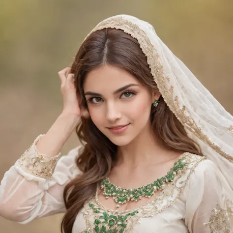 A beautiful Persian girl with a wheatish complexion, an innocent and charming smile, large green eyes, wearing a white silky dress, her light brown hair flowing