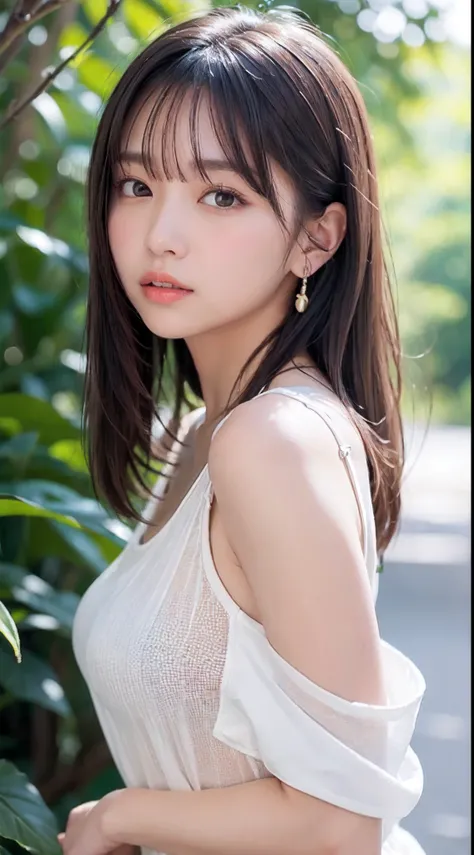 1womanl, up of face, mideum breasts, light brown hair, Blunt bangs, hair behind ear, hair over shoulder, Long hair, slender body shape, Ultra Fine Face, Thin face, Delicate lips, Beautiful eyes, thin blush, eyes are light brown, perfect glossy skin, flawle...