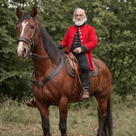 A man with a white beard,Wearing a red coat，mounted on a horse, full body portrait shot, , height is 180 cm, , wearing boots, marketing photo。