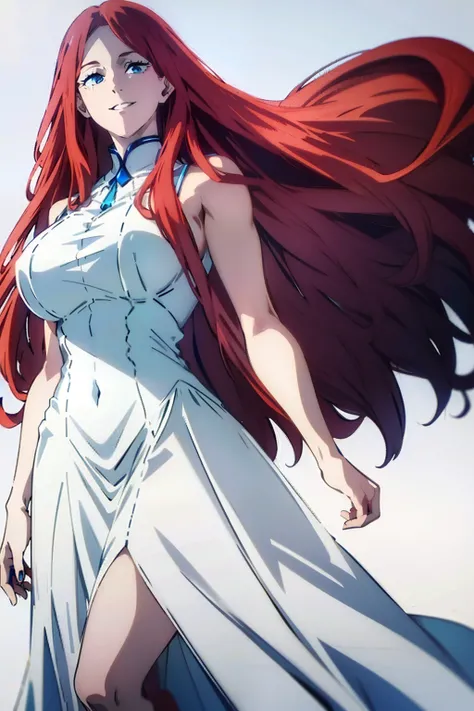 (mature woman with long red hair:1.2 blue eyes:1.1 big breasts:1.1) wearing a (long white dress) with a smile