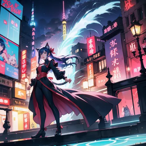 "(hiper detalhado), (moe anime), Menina, fantasia de Gato, ao ar livre, cat tail, hair ribbon, (Pose da pata:1.2), Buildings, neon lights, sorrir, olhos cor-de-rosa, cabelos azuis, (colorido), Olhos sonhadores, (epics)"