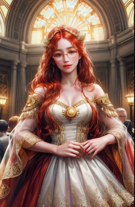 ( High quality , ultra detailed to hand )Zodiac - Aries goddess , similar to latin goodness , Brave ,willful ,productive ,enterprising and humanitarian face , sunset reddish hair , long hair , transparent dress , in the ballroom with partner , high differe...