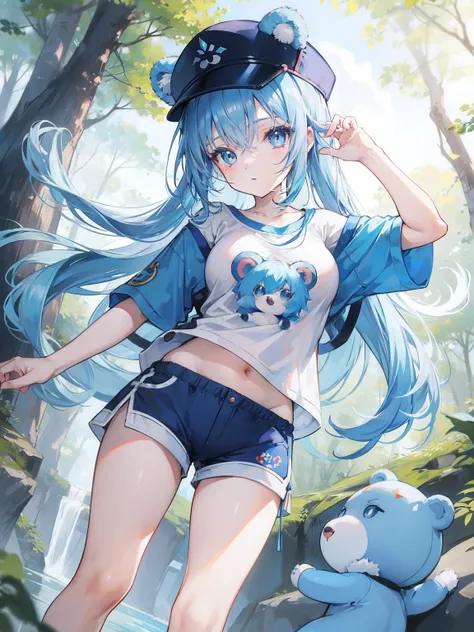 Anime style, Russian pokemon master and little blue bear, girl with tits, long blue hairs, white wear with slavic ornaments, cap bear ears, sexy shorts and t-shirt, in the sunny forest