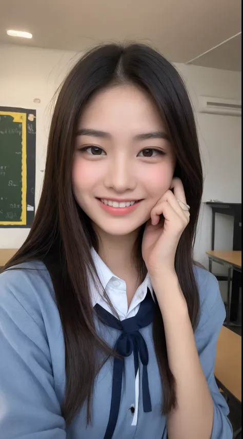 Very detailed 8k wallpaper)、foco nítido、in detail、Drama、Delicate and beautiful schoolgirl、17 age、Sheer white shirt、neck tie、Dark blue pleated micro mini、ligh brown hair、hair adornments、A smile、Peek at the viewer、Beautiful graphics、Bright school building、Fu...