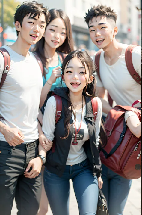 full bodyesbian、Backpack for 4 people、Young smiling boys and girls、casual-style