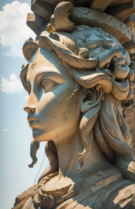 a stone statue of the goddess medusa profile face position, looking up on a blurry background, profile picture and in CGI style