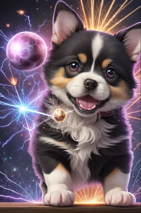 Develops an image of a cute cartoon-style puppy that is fused with an atom of energy. The puppy must be incredibly adorable, com olhos grandes e esportivos, cute ears and a friendly smile. It must be surrounded by sparks and particles of energy, representi...