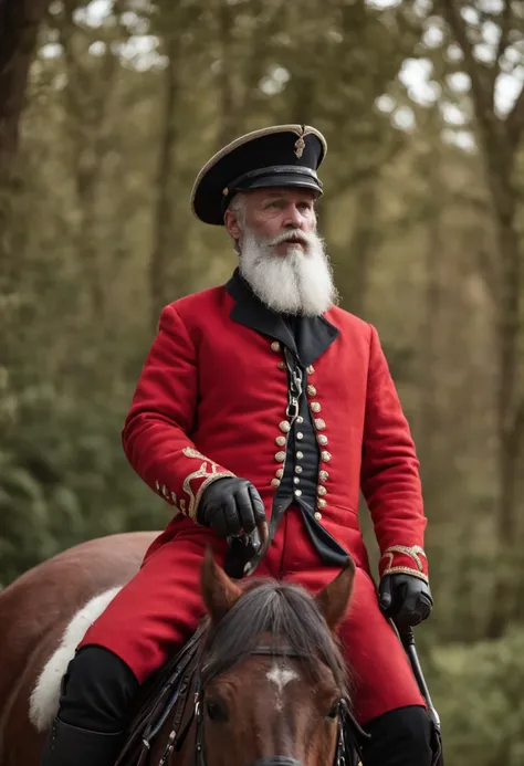 Real Scene. Super realistic, 8K, deep dark background, A man with a white beard,Wearing a red coat，mounted on a horse, full body portrait shot, , height is 180 cm, , wearing boots, marketing photo。