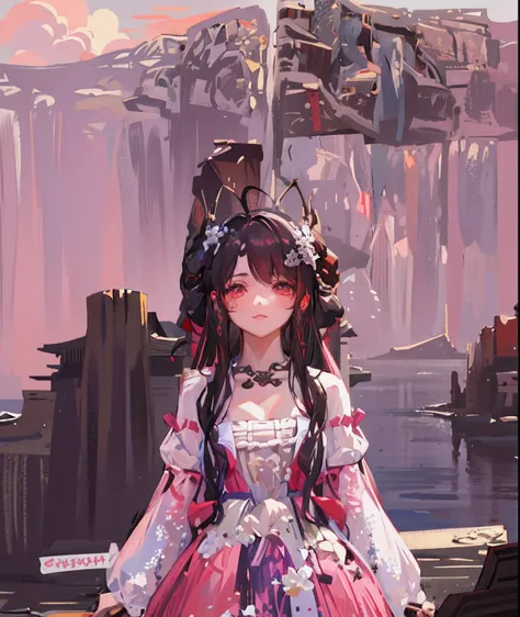 On the dock stood a woman in a pink dress, pink twintail hair and cyan eyes, Palace ， A girl in Hanfu, hime-cut, a beautiful fantasy empress, inspired by Lü Ji, Inspired by Lan Ying, 8K!!, Inspired by Dai Xi, Red long-haired, pale red, 8K octave rendered p...