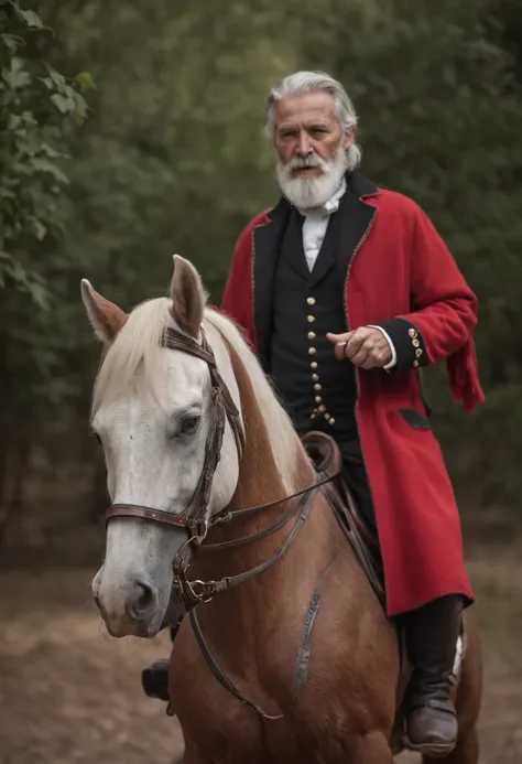 Real Scene. Super realistic, 8K, deep dark background, A man with a white beard,Wearing a red coat，mounted on a horse, full body portrait shot, , height is 180 cm, , wearing boots, marketing photo。