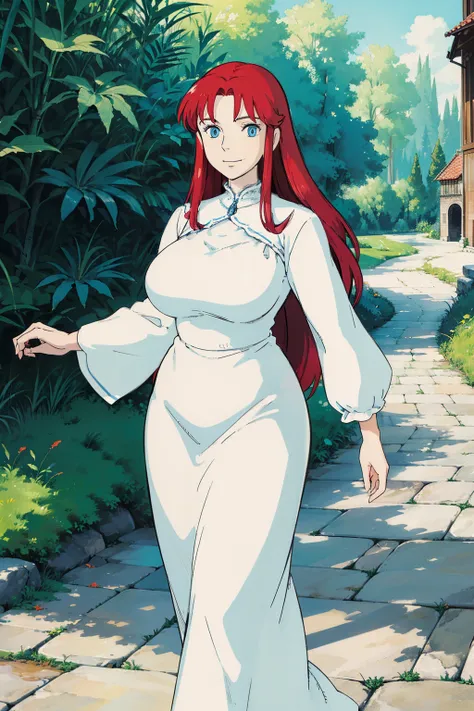 (mature woman with long red hair:1.2 blue eyes:1.1 big breasts:1.1) wearing a (long white dress) with a smile