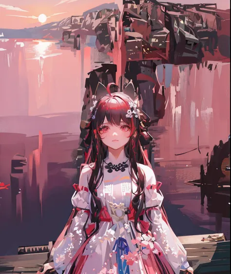 On the dock stood a woman in a pink dress, pink twintail hair and cyan eyes, Palace ， A girl in Hanfu, hime-cut, a beautiful fantasy empress, inspired by Lü Ji, Inspired by Lan Ying, 8K!!, Inspired by Dai Xi, Red long-haired, pale red, 8K octave rendered p...