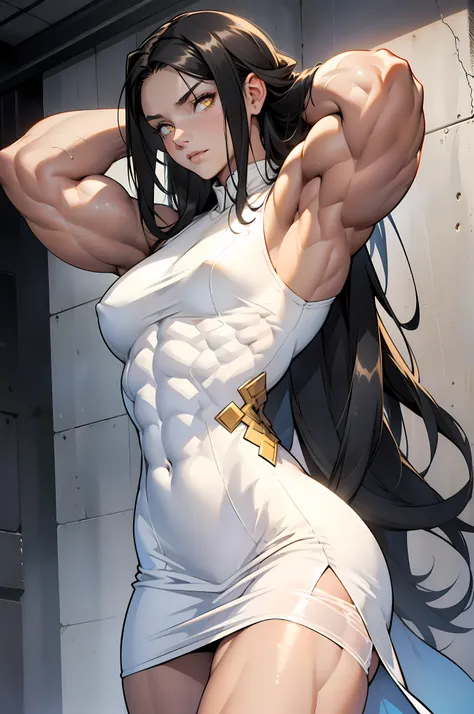 (((((1 girl))))), black hair, yellow eyes, very long hair, ((((((muscular)))))), tall, pale skin, tight dress, (solo), arms over head, ((seductive expression))