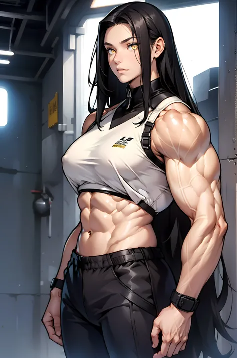 (((((1 girl))))), black hair, yellow eyes, very long hair, ((((((muscular)))))), tall, pale skin, (solo)