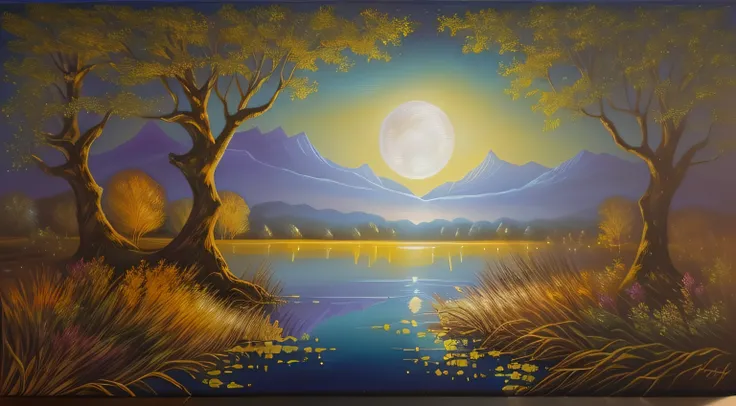 painting of a painting of a moon over a lake and trees, painting of a dreamscape, whimsical fantasy landscape art, dream scenery art, fantasy oil canvas, moon landscape, fantasy oil painting, magical realism painting, fantasy artrealistic painting, sandy w...