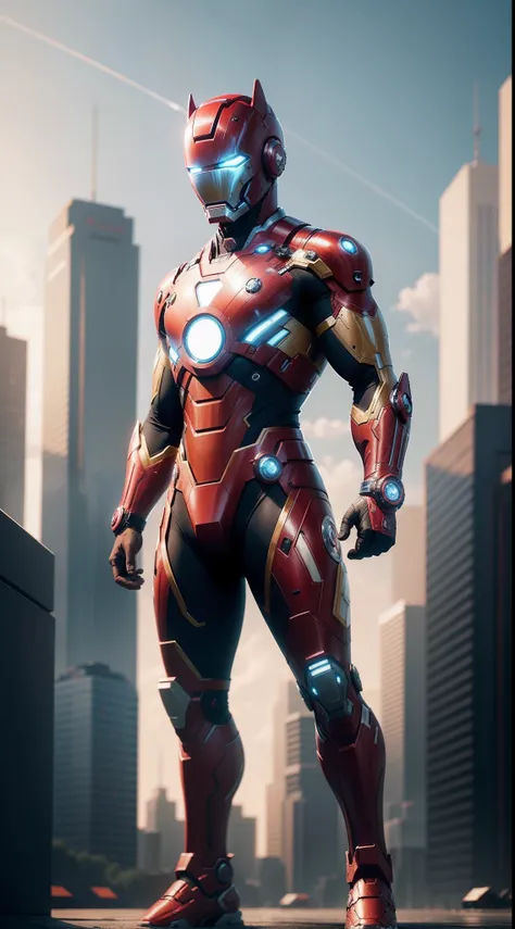 A dog as Ironman, small, tiny, full body, futuristic city, 16k wallpaper, aesthetic wallpaper, best quality, bright lighting, daylight, cowboy shot