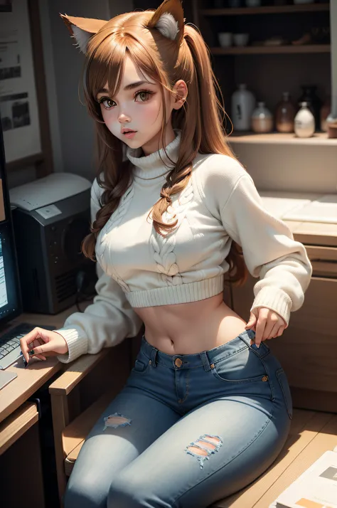 girl with long brown pony hair and cat ears, wearing a white croptop and sweater, jeans , playing game, 25years old