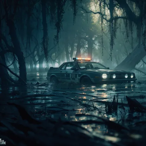 There is a police car passing through a flooded area, arte conceitual escura fotorrealista, atmosfera pantanosa, Dia chuvoso. game render, Em um bsttlefield pantanoso escuro, lancha cyberpunk, Dark Swamp, cinematic moody lighting, dramatic lighting. arte c...