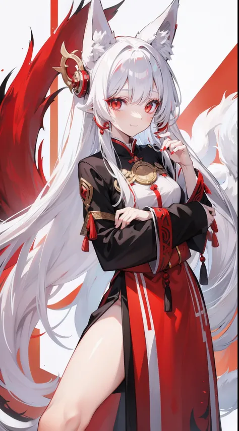 long  white hair，Red eyes，fox ear，Nine Tails，Fox Maiden，ssmile，Chest-high Han clothes，adolable