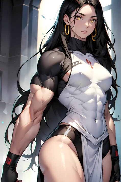 ((((1 girl)))), black hair, yellow eyes, very long hair, ((((muscular)))), tall, pale skin