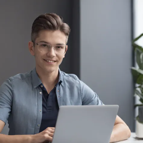 Criar uma imagem de um jovem (Por volta dos 25 anos) , estilo disney ,USANDO CAMISETA POLO AZUL MARINHO, working enthusiastically at an office desk with a laptop. The office should look modern . Use moderno, Technological themed colors like dark blue and s...