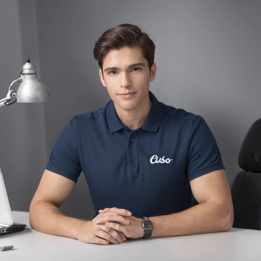 Criar uma imagem de um jovem (Por volta dos 25 anos) , estilo disney ,USANDO CAMISETA POLO AZUL MARINHO, working enthusiastically at an office desk with a laptop. The office should look modern . Use moderno, Technological themed colors like dark blue and s...