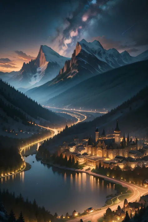 highly detailed, photorealistic, elaborate, rolling hills with starry clear, starry night sky, shallow depth of field viewed from a distance, a broad valley with a lake, surrounded by karsts and mountains, seen from a distance, fantasy city, turrets and to...