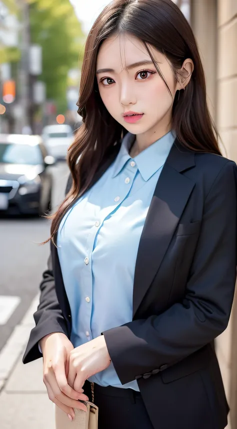 japanaese girl、Girl in her 20s、Just the right breasts、perfect chest、flawless skin、slightly wet hair、A perfect、Dark hair、brown-eyed、Officelady、Nai Black Suit、Light blue shirt、Sateen、The sheen、Luminous、street、View here