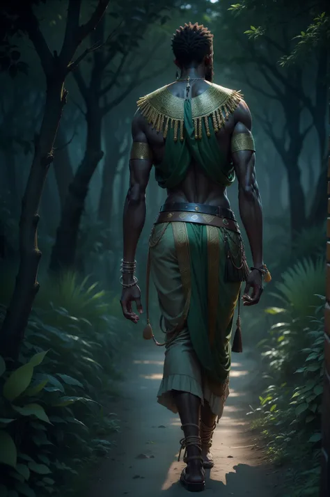 Deus masculino africano, Oxossi, arqueiro, Walking at night in an African forest, roupas africanas verdes, anatomia perfeita, de noite, octan render