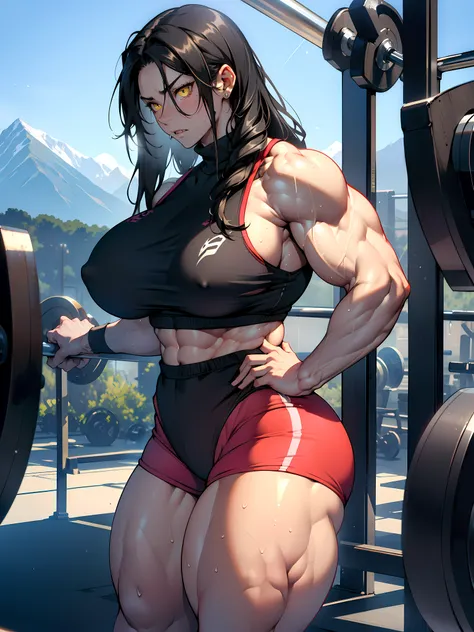 ((1girl)), black hair, (extremely long hair), yellow eyes, ((huge breasts)), ((thick thighs)), (solo), angry, (pale skin), sweaty, (shiny skin), ((((gym clothes)))), ((((((((muscular)))))))), (((wide hips))), mountain range background