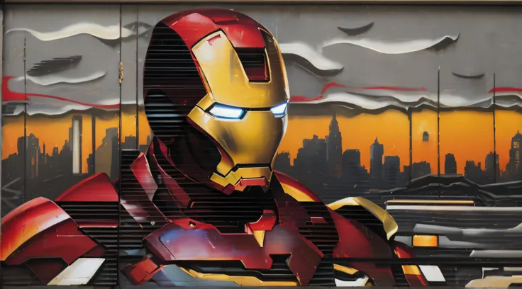 painting of a man in a suit on a garage door, ironman, iron man, portrait of iron man, inspired by Tony Sart, iron, superior iron man, like ironman, artist unknown, airbrushed artwork, vectorial art, stark, urban art, super hero art, amazing, tony stark, c...