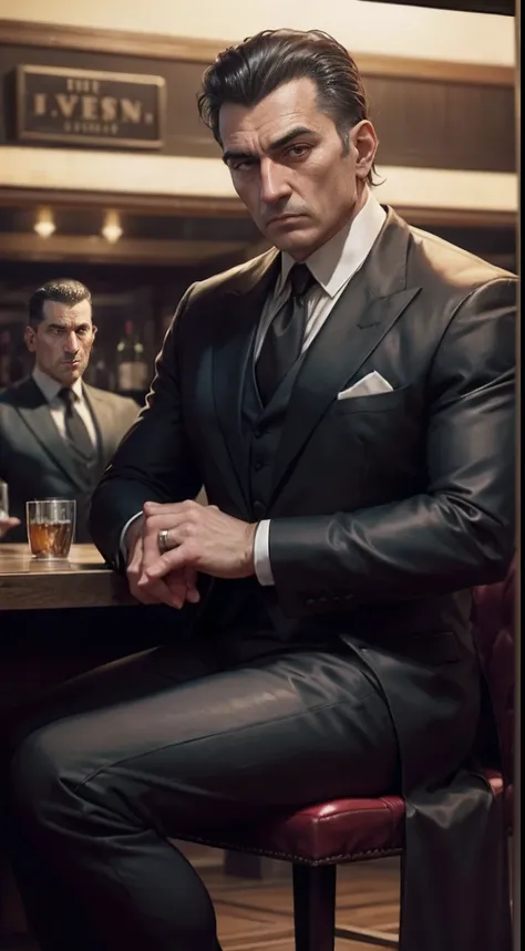 Mafia boss sitting in a bar, Mafia guards behind, The boss looks at the camera