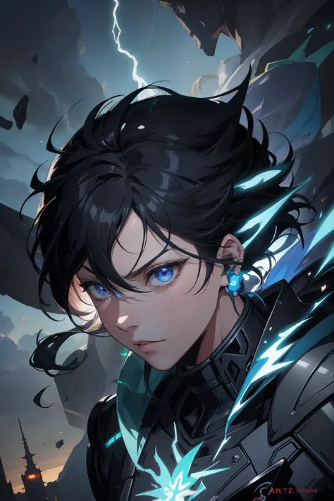 anime character with lightning coming out of his eyes, imagem do avatar, cara bonito na arte demon slayer, arte de anime digital detalhada, Demon Slayer rui fanart, estilo de arte demon slayer, Retrato de Eren Yeager, arte oficial do personagem, impression...