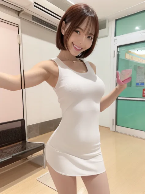 Enamel Bodycon、Arm Swinging Pose、a miniskirt、Full smile