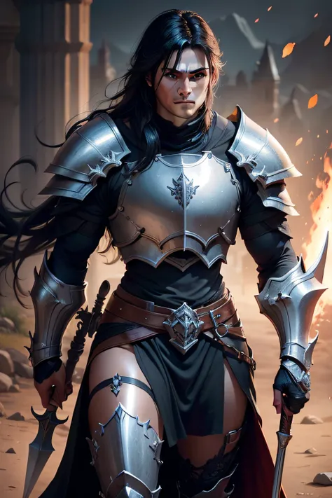 An RPG black-haired strong armoured paladin with a halberd at hand and a scimitar on the holster