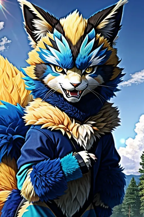 tchibi, solo
forest, Summer, day, Sunlight
anthropology, Fluffy_Body, Furry
(((Zeraora))), [[Zeraora, Blue_Eyes, fur, Open_Mouth, Yellow_fur, felid, poison fangs, black_fur]], 4_Fingers, (Blue_clawed paws)
standing, faces_spectator
bright_student
smile, bl...