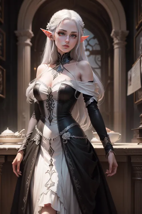 A dramatic painting of a beautiful Elf of noble appearance, Her hair is silver in color and her skin is white and her eyes are lilac in color. She wears a black noble dress, is standing in front of a table watching the zombie that is lying there.