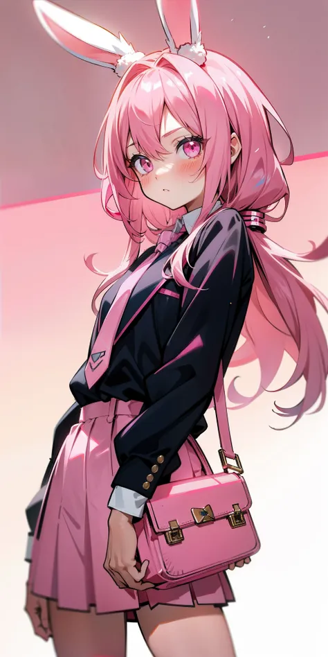 Anime girl with pink hair and bunny ears in pink tie, pink eyes, shy blush, pretty, small satchel, cyberpunk