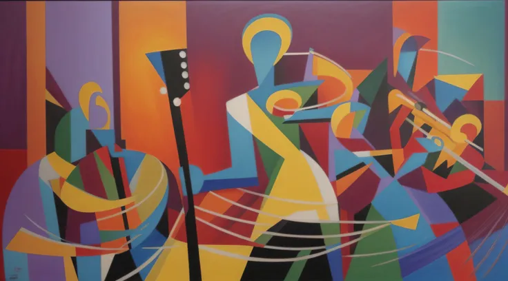 painting of a group of musicians playing instruments in a colorful room, 3 jazz musicians, musicians, jazz, virtuosic painting, musician, guitarists, by Herbert MacNair, cubist painting, by Zoran Mušič, abstract figurative art, by Tony Sart, contemporary p...