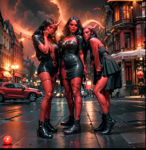 three devils woman in black outfits standing on a city street at night with a horn in the head with a red skin tone, red skin tone, horn in the head, evil smile, enemy of god, lord of hell, photography, natural light, photorealism, cinematic rendering, ray...