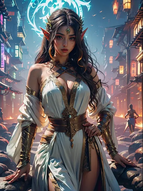 (masterpiece, top quality, best quality, official art, beautiful and aesthetic:1.2), (1 (((sexy))) elf girl:1.3), black shapeless hair, extremely detailed, (colorful), highest detail, ((sexy pose)), (elven city background:1.5), (traditional dress:1.2), (sh...