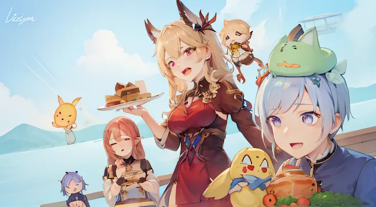 anime characters stand in front of a blue sky with a plate of food, anime em estilo fantasia, personagens de azur lane, fanart o...