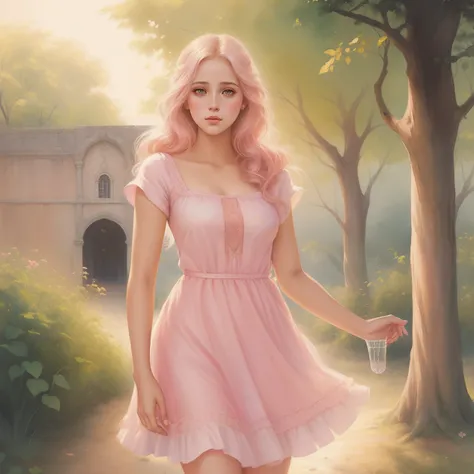 pintura de uma mulher em um vestido rosa andando por um caminho, No estilo de arte de Bowater, Annabeth Chase, pintura de personagem bonita, betty cooper, inspirado em Magali Villeneuve, Beautiful digital illustration, arte do personagem charlie bowater, L...